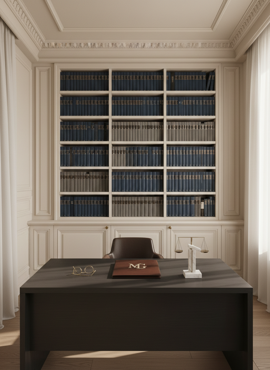 A refined, minimalist Paris law office interior with cream-colored walls, tall molding, and a large built-in bookshelf filled with neatly arranged dark blue and gray legal volumes. On a sleek charcoal desk lies a closed leather-bound dossier featuring a tasteful, abstract metallic monogram resembling Małgorzata Giejsztowt’s initials, beside a pair of gold-rimmed reading glasses and a small marble paperweight shaped like balanced scales. Soft morning daylight filters through sheer curtains, casting diffused, elegant shadows. Shot in photographic realism from a slightly elevated angle, with sharp focus throughout to emphasize order and professionalism. The atmosphere is composed, sophisticated, and reassuring, evoking high-end legal support for Polish clients in France.